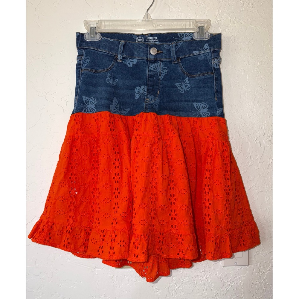 Girls Upcycled Butterfly Denim Eyelet Tiered Ruffle Skirt Size L 10-12 Plus Boho